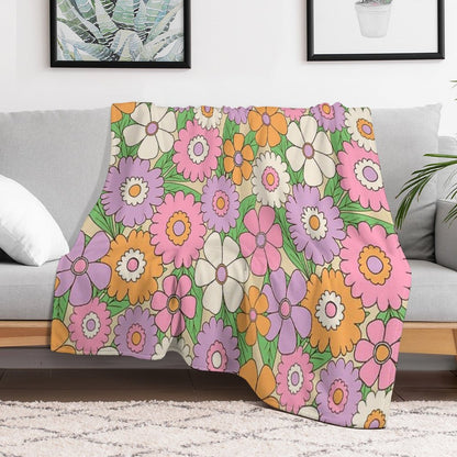 Groovy Retro Flower Power Pattern in Lilac, Pink And Orange Throw Blanket