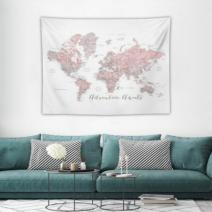 World Map Adventure Awaits in Dusty Pink And Grey Tapestry