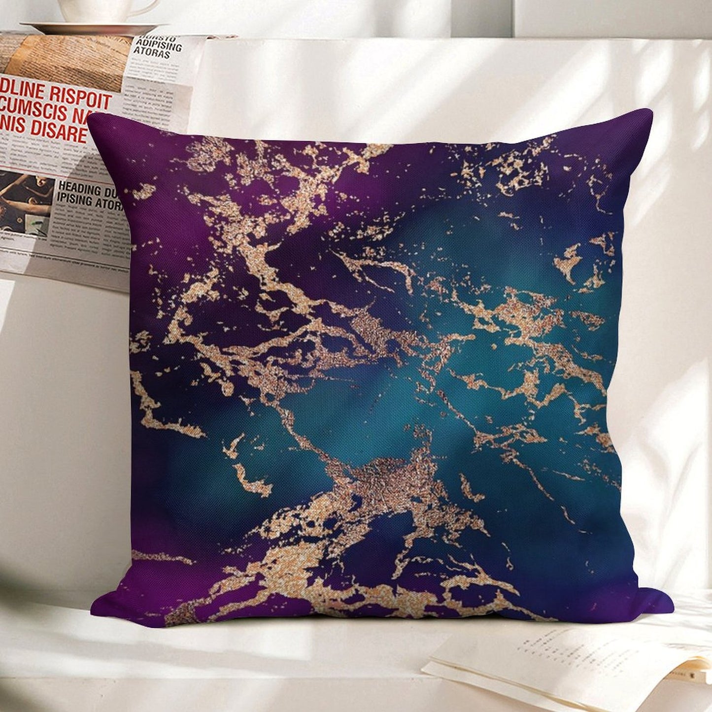 Jewel Tone Rose Gold Marble  Turquoise Blue And Purple Linen Throw Pillow Cover