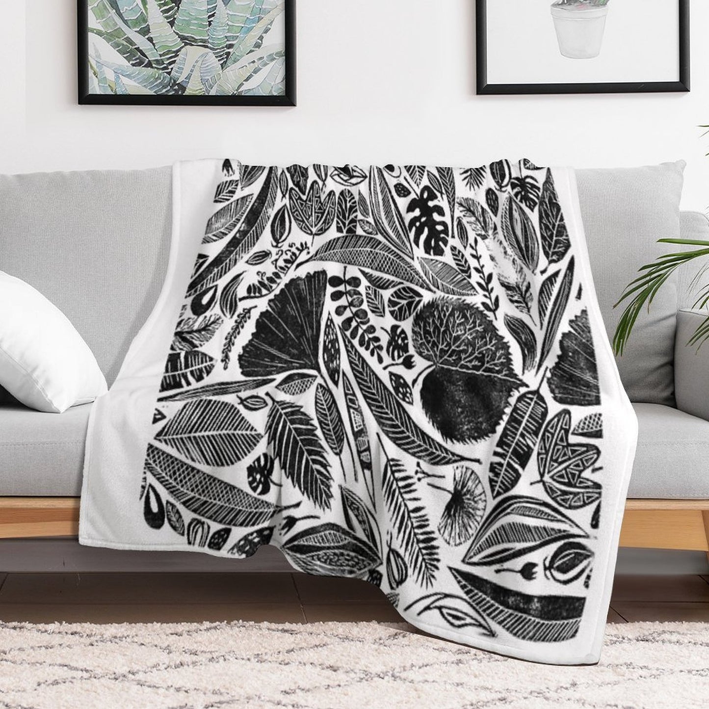 Mixed Leaves, Lino Cut Printed Nature Inspired Hand Printed Pattern Throw Blanket