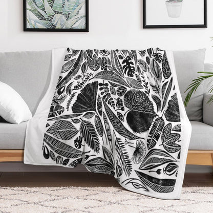 Mixed Leaves, Lino Cut Printed Nature Inspired Hand Printed Pattern Throw Blanket