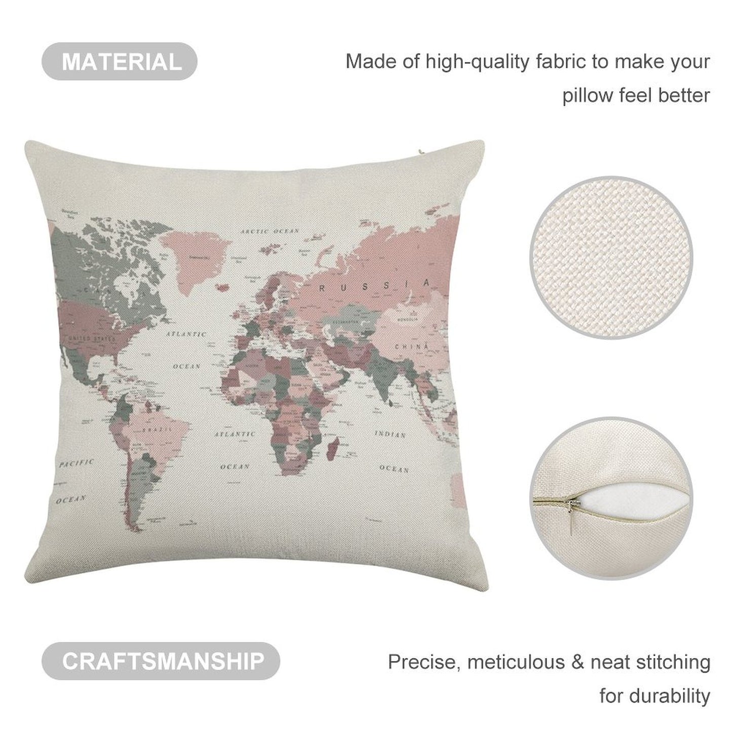 Map of The World in Pink And Green Linen Throw Pillow Cover