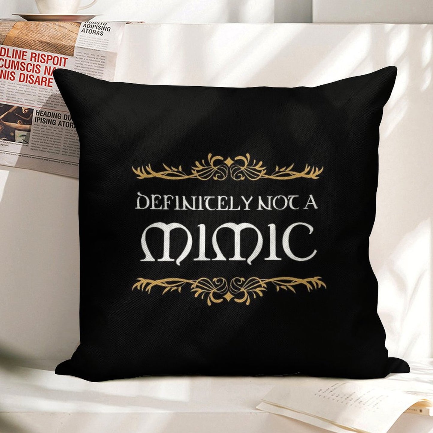 Definitely Not A Mimic Tabletop RPG Addict Linen Throw Pillow Cover