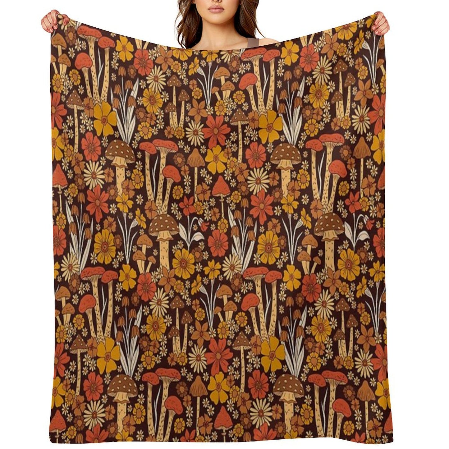Retro 1970s Brown & Orange Mushrooms & Flowers Throw Blanket