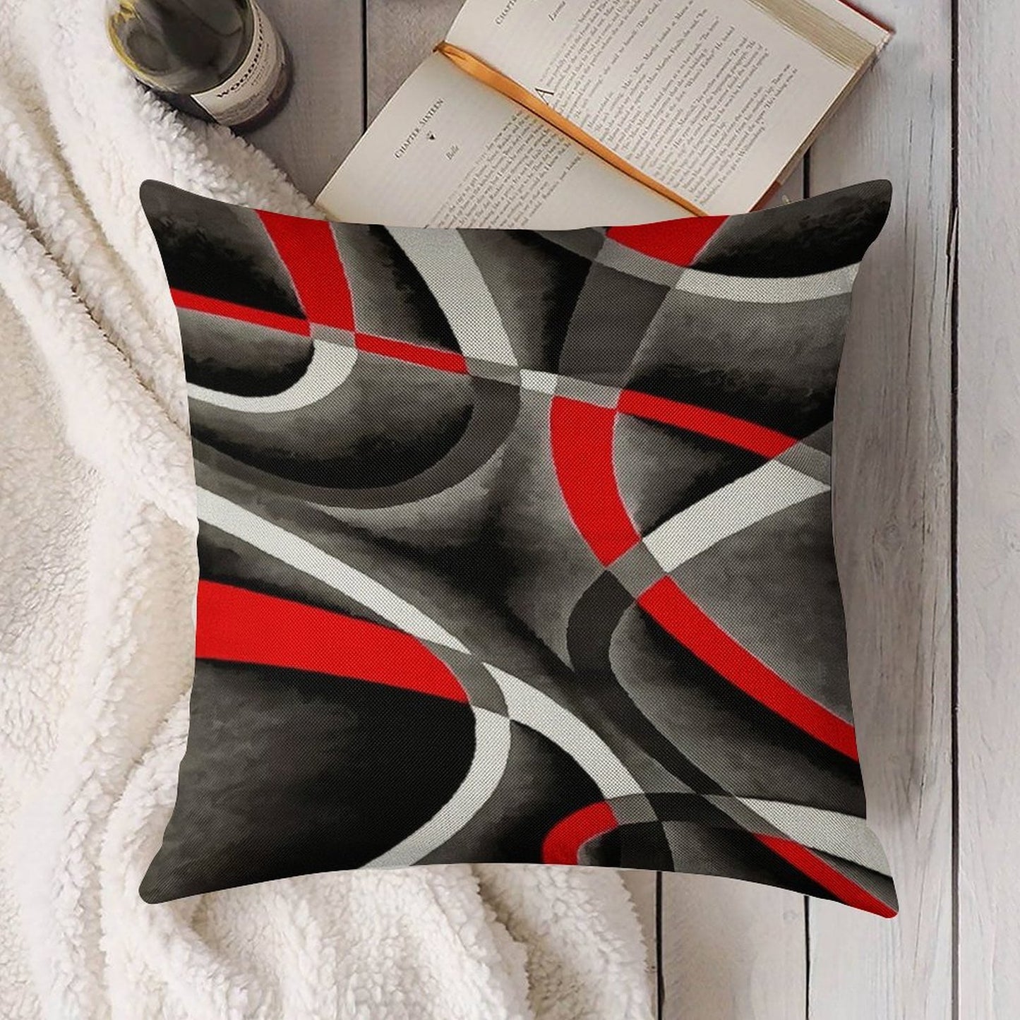Eighties Red White Grey Line Curve Pattern On Black Linen Throw Pillow Cover