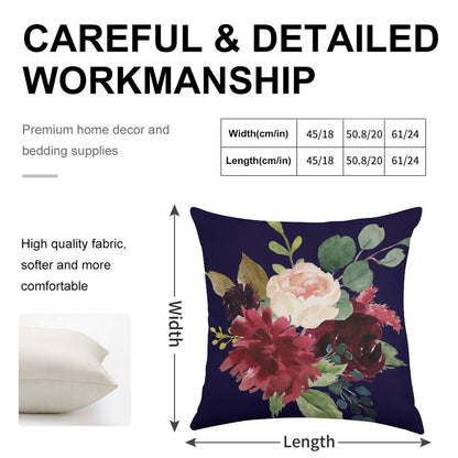 Navy, Burgundy And Blush Floral Art with Eucalyptus Linen Throw Pillow Cover