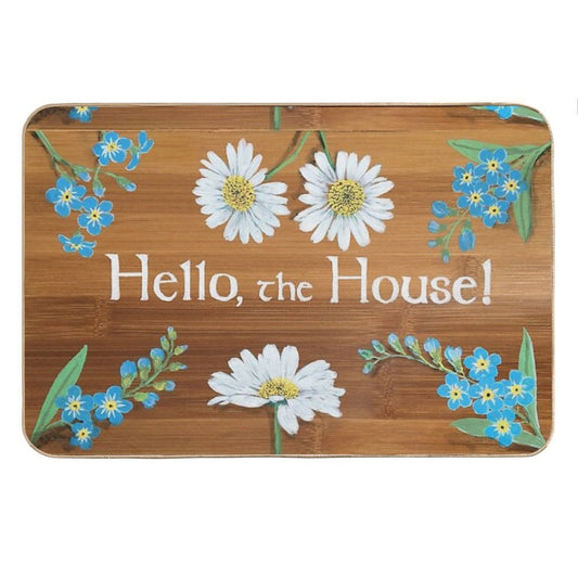 Hello The House Forget Me Nots Chamomile Daisies Strawberry Flowers on Wood Painting Art Sign Welcome Greeting by Laura Rispoli Bath Mat