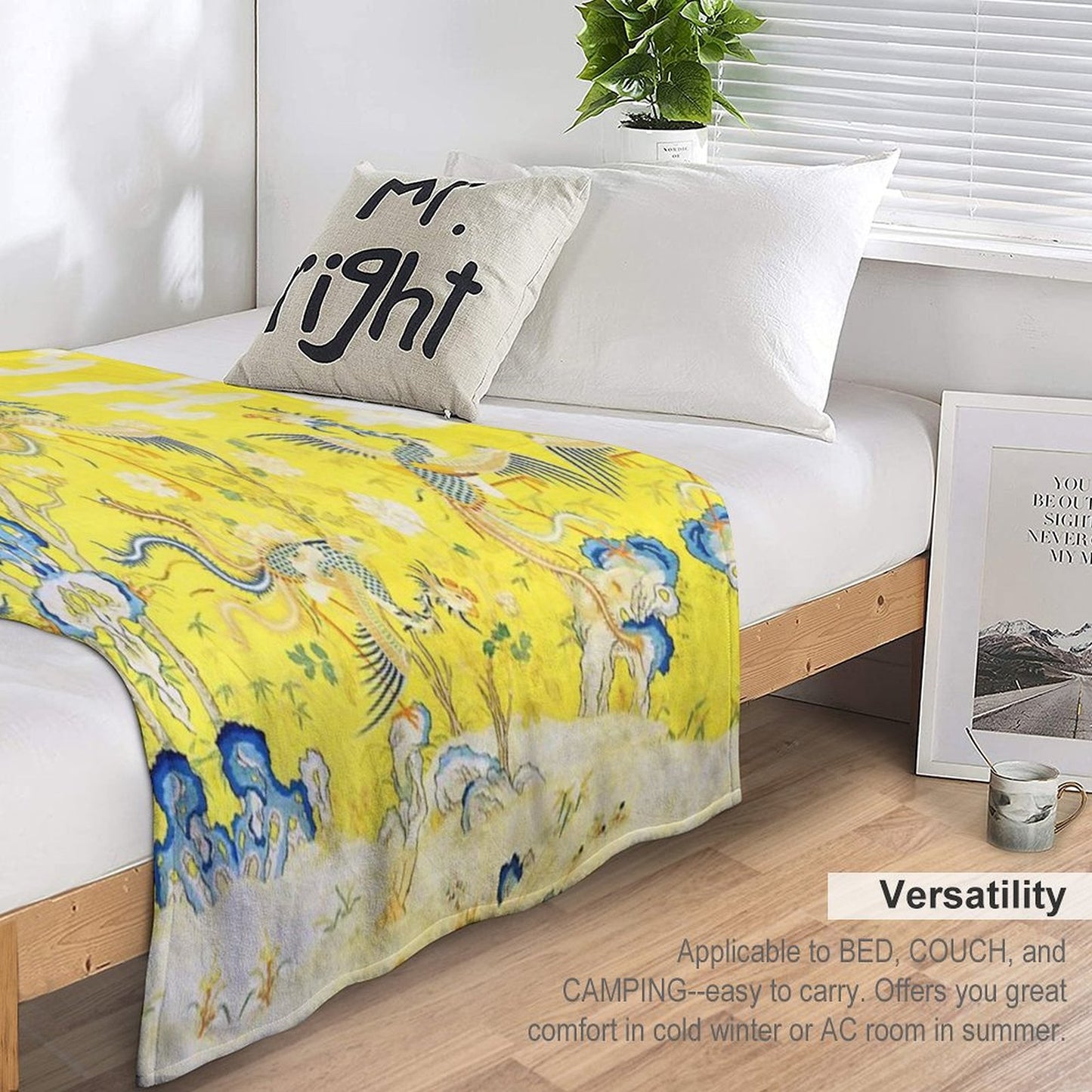 Five Phoenixes in The Garden ,Chinese Imperial Bright Yellow Floral Tapestry Throw Blanket