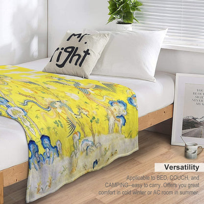 Five Phoenixes in The Garden ,Chinese Imperial Bright Yellow Floral Tapestry Throw Blanket