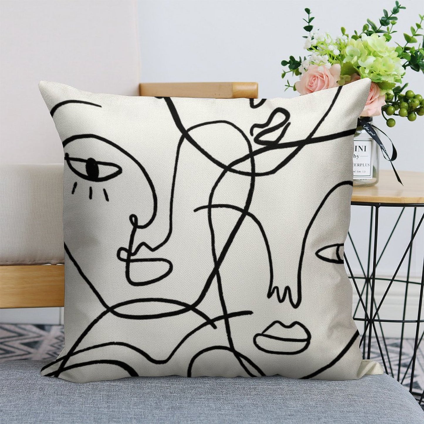 Abstract Faces Linen Throw Pillow Cover