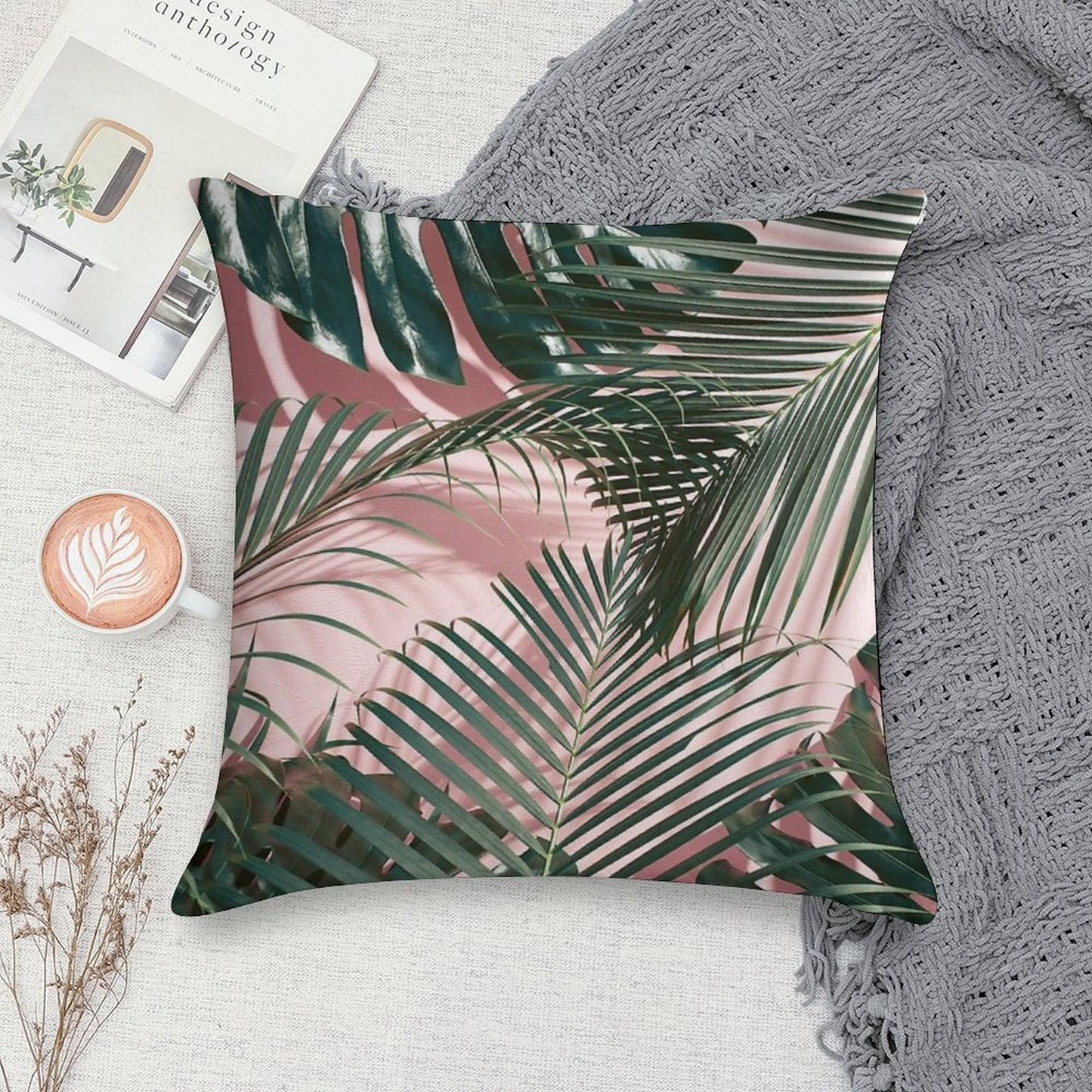 Pink Tropical Leaves Soft Gift Ready Throw Pillow