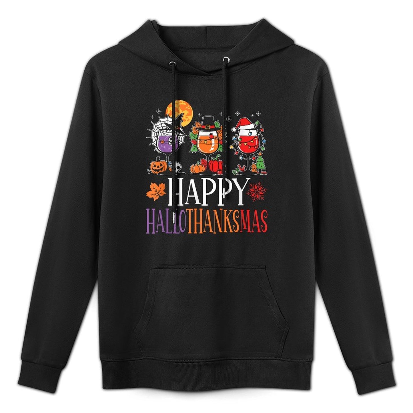 Happy Hallothanksmas Halloween Thanksgiving Christmas Wine Kangaroo Pocket Hoodie