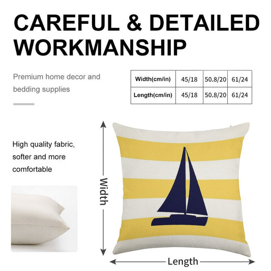 Nautical Navy Blue Sailboat On Mustard Yellow Stripes Linen Throw Pillow Cover