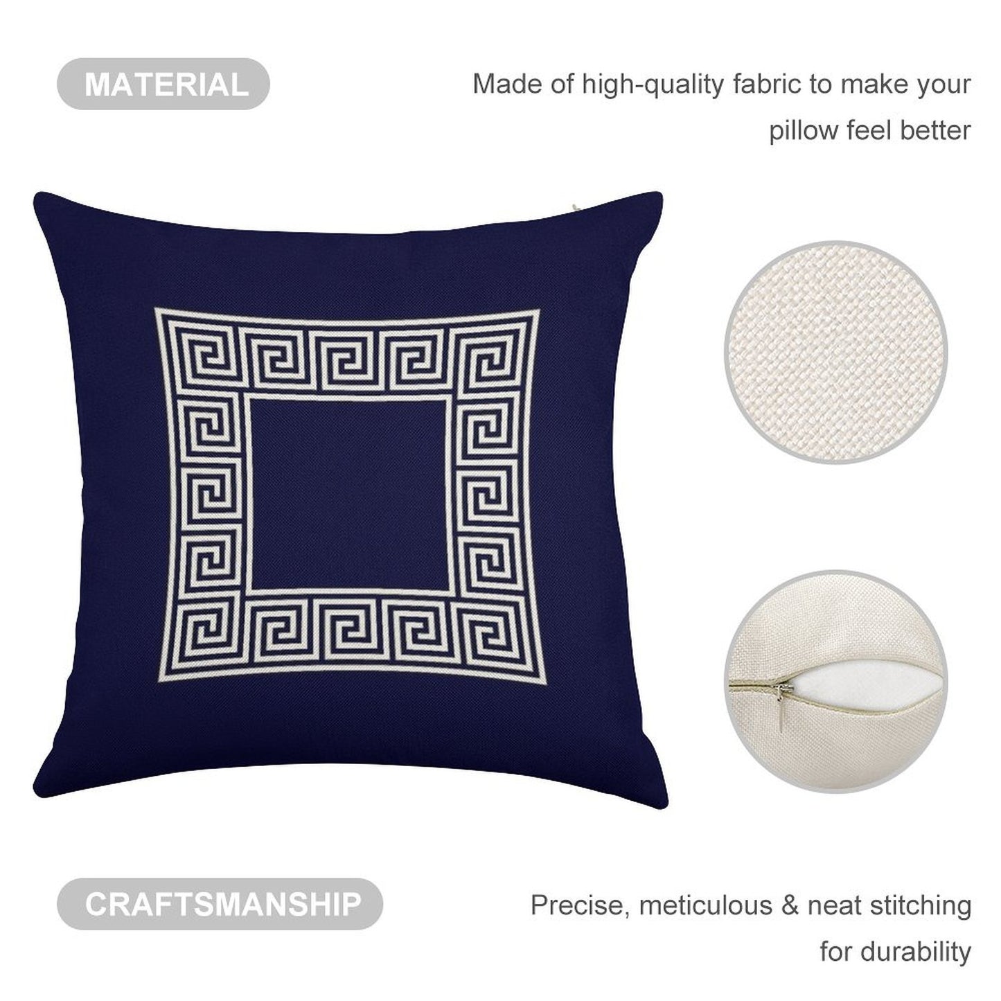 Navy Blue Greek Key Meander Square Linen Throw Pillow Cover