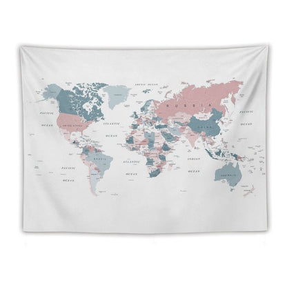 Map of The World in Pink And Blue Tapestry