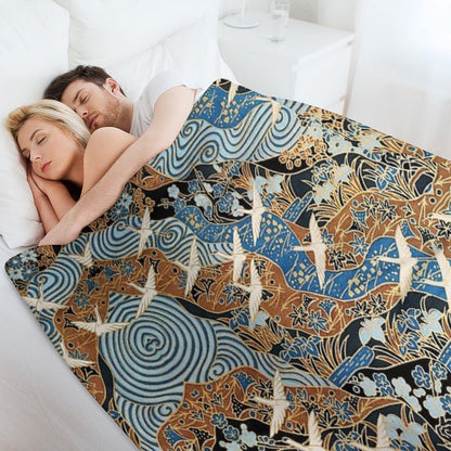FLYING WHITE CRANES ON BLUE WATER AND SPRING FLOWERS  Antique Japanese Floral Throw Blanket