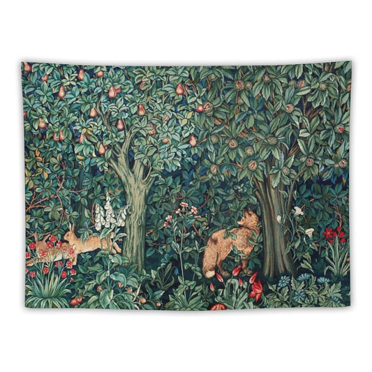 GREENERY, FOREST ANIMALS Fox And Hares Blue Green Floral Tapestry Tapestry