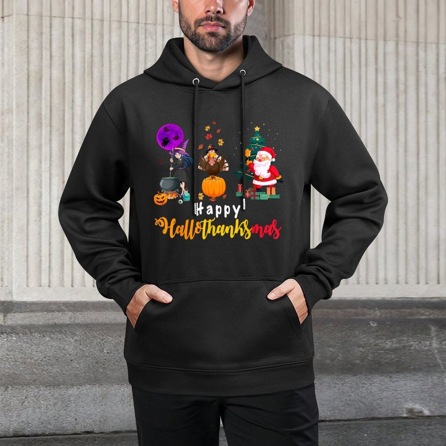 Happy Hallothanksmas Halloween Thanksgiving Merry Christmas Easy Care Hoodie