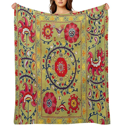 Lakai Suzani Uzbekistan Floral Embroidery Print Throw Blanket