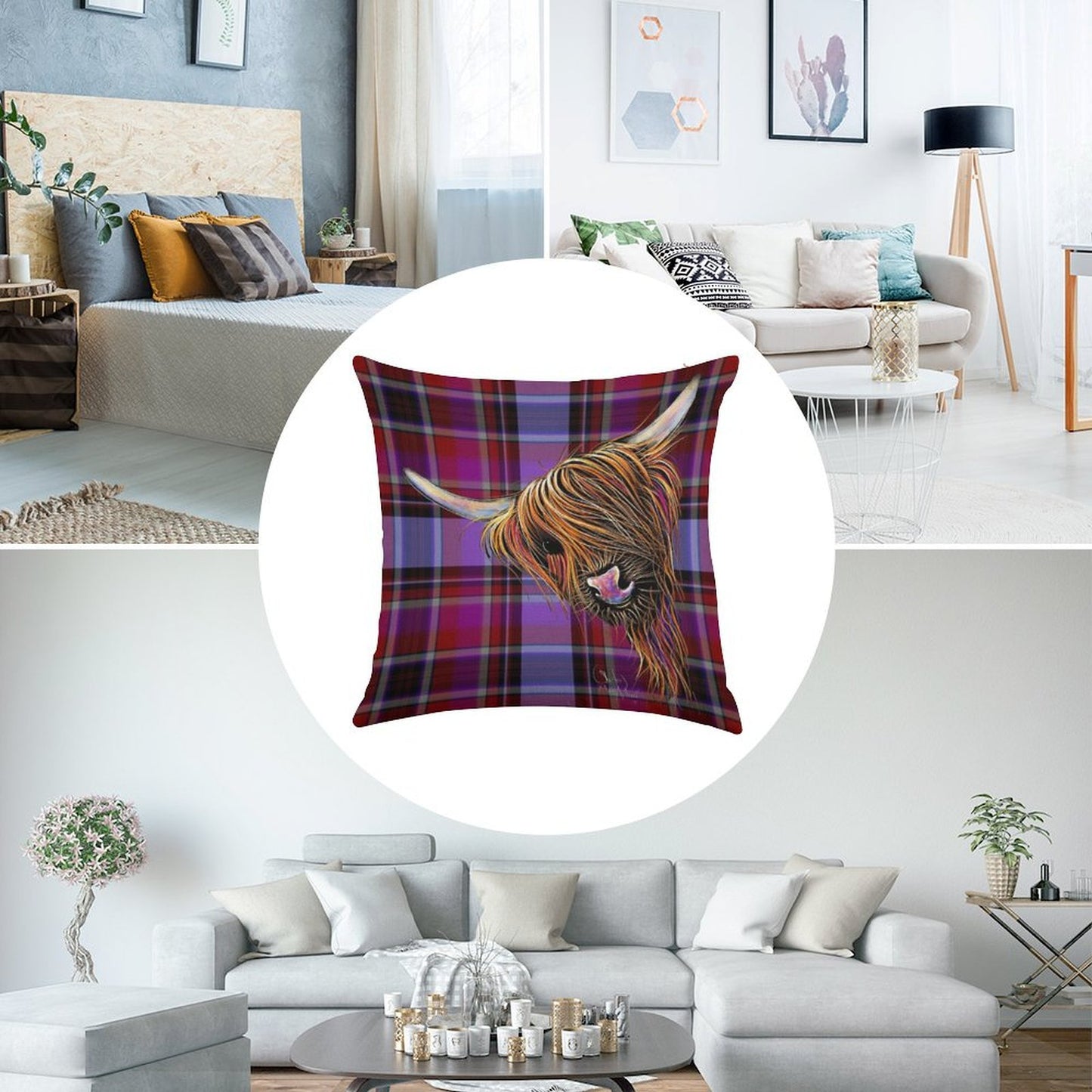 SCoTTiSH HiGHLaND CoW ' TaRTaN NooDLeS P ' by SHiRLeY MacARTHuR Linen Throw Pillow Cover