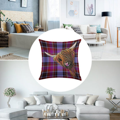 SCoTTiSH HiGHLaND CoW ' TaRTaN NooDLeS P ' by SHiRLeY MacARTHuR Linen Throw Pillow Cover
