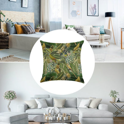 Vintage Green Tropical Bird Jungle Botanical Night Garden Nightgarden Linen Throw Pillow Cover