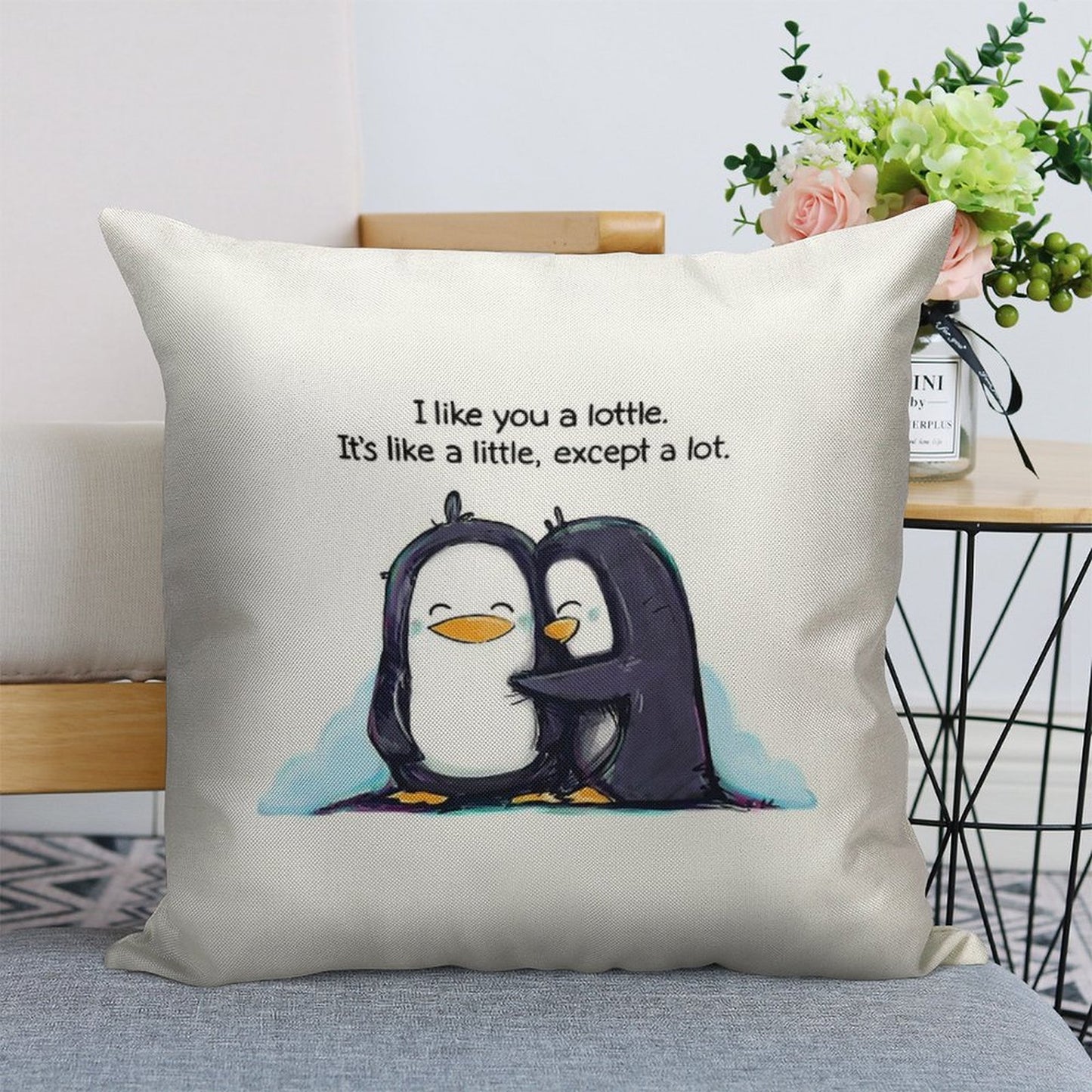 I Like You A Lottle Penguins Linen Throw Pillow Cover