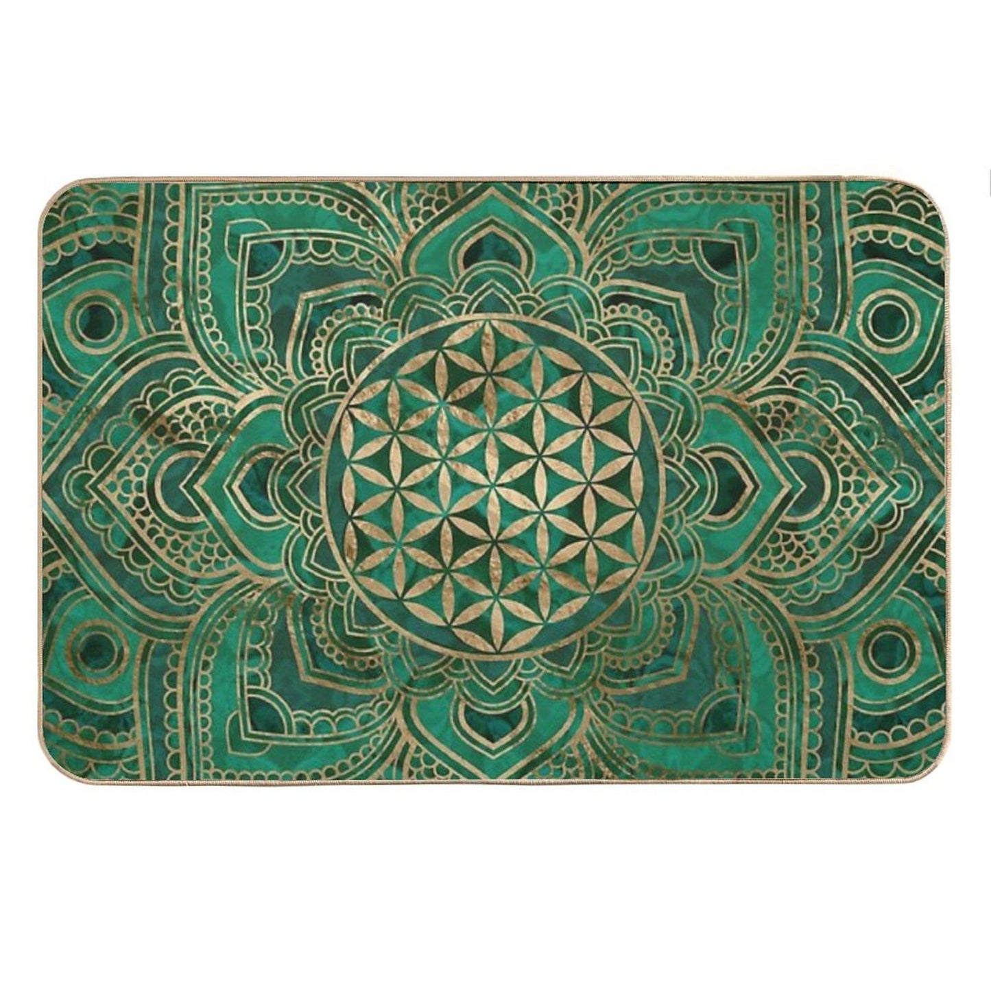 Flower of Life in Lotus - Malachite And Gold Bath Mat