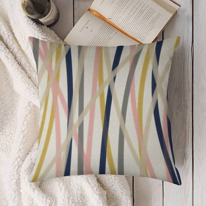 Ribbon Abstract in Mustard Yellow, Blush Pink, Navy Blue, Grey, Almond, And White. Minimalist Modern Linen Throw Pillow Cover