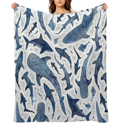 Monochrome Blue Watercolour Shark Ocean on White Throw Blanket