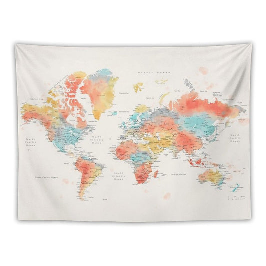 Colorful Watercolor Detailed World Map Tapestry