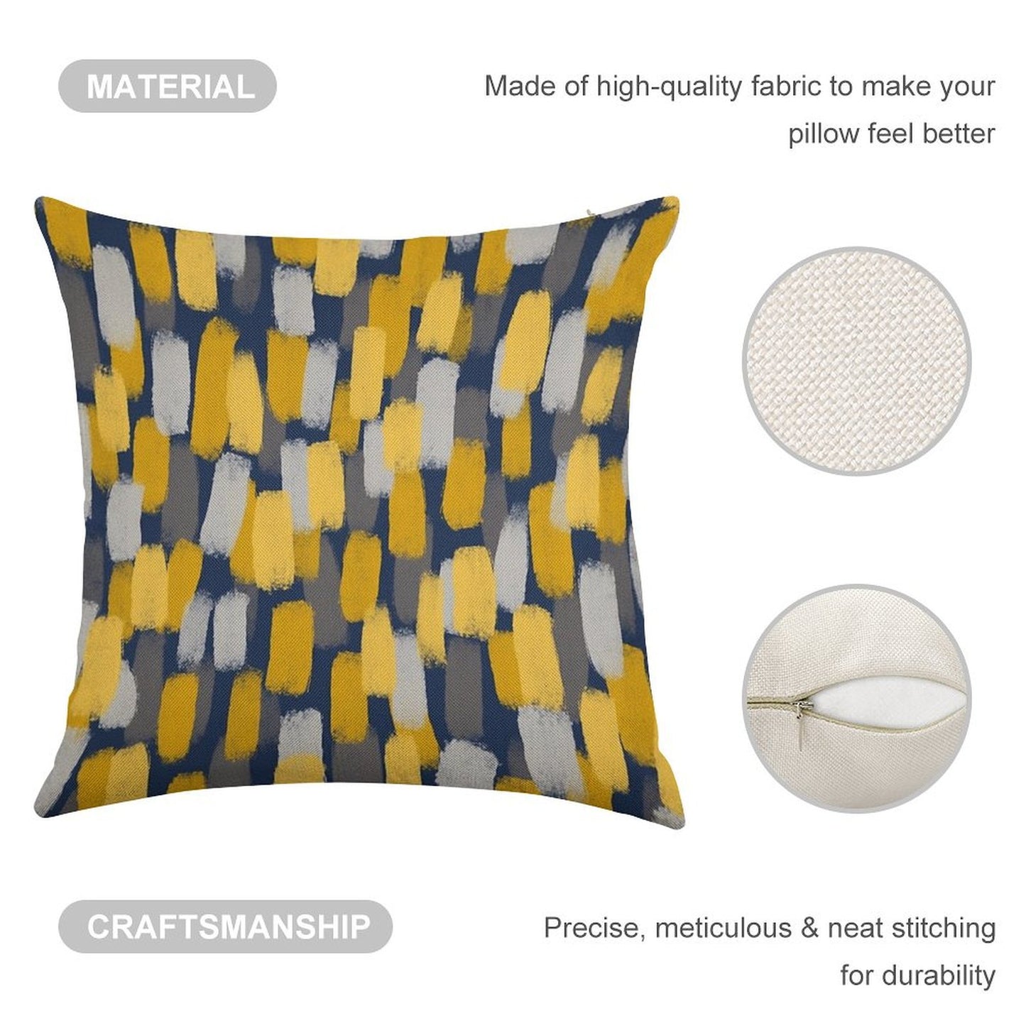 Abstract Grey And Mustard Yellow Paint Brush Effect on Navy Blue Linen Throw Pillow Cover