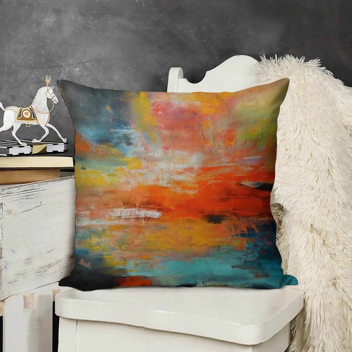 Red Abstract Sunset Landscape Painting Linen Throw Pillow Cover