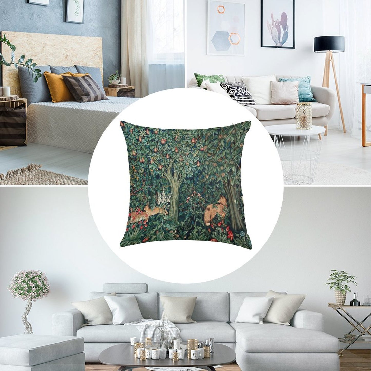 GREENERY, FOREST ANIMALS Fox And Hares Blue Green Floral Tapestry Linen Throw Pillow Cover