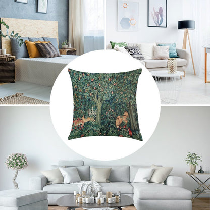 GREENERY, FOREST ANIMALS Fox And Hares Blue Green Floral Tapestry Linen Throw Pillow Cover