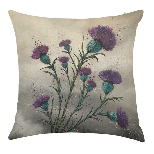 Scottish Traditional Purple Thistle Linen Throw Pillow Cover