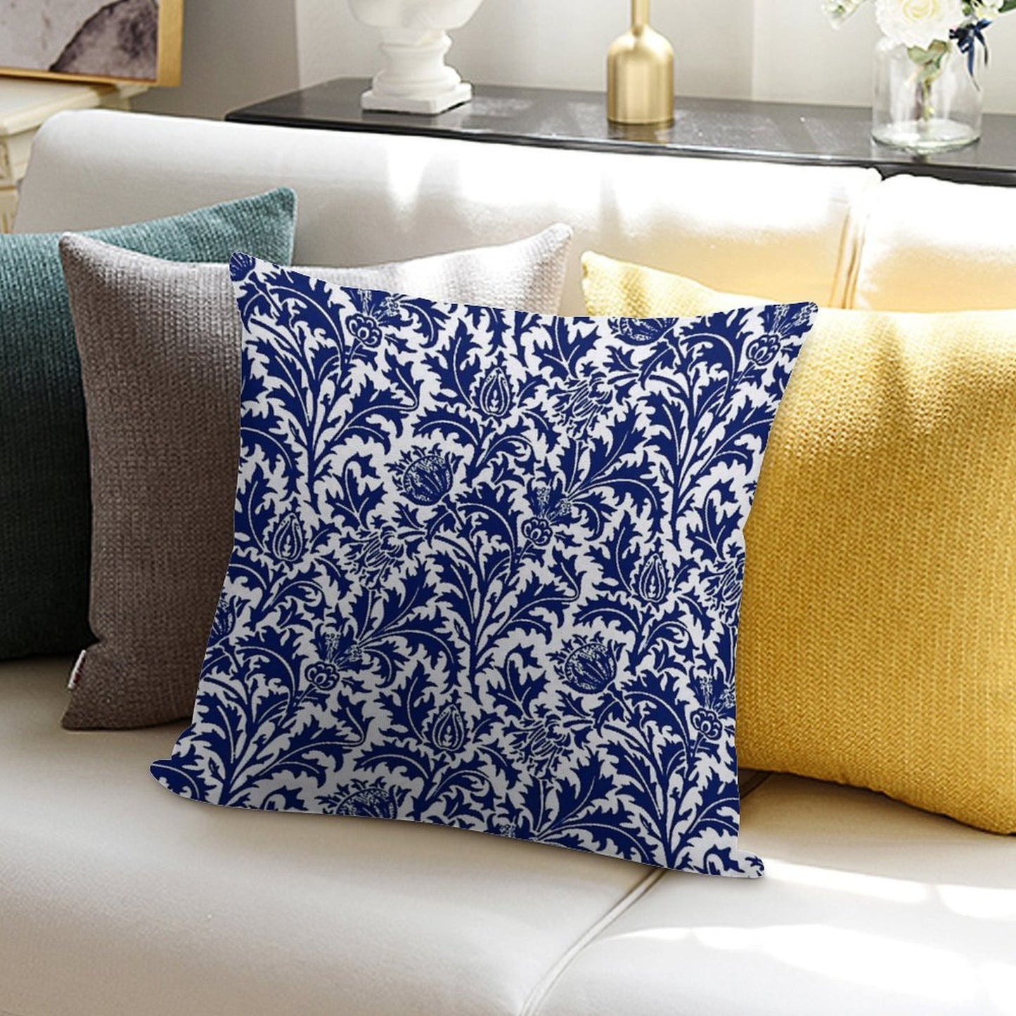 William Morris Thistle Damask, Navy Blue And White Soft Reinforced Edging Throw Pillow