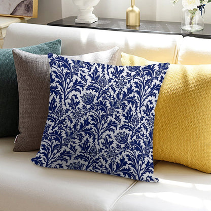 William Morris Thistle Damask, Navy Blue And White Soft Reinforced Edging Throw Pillow