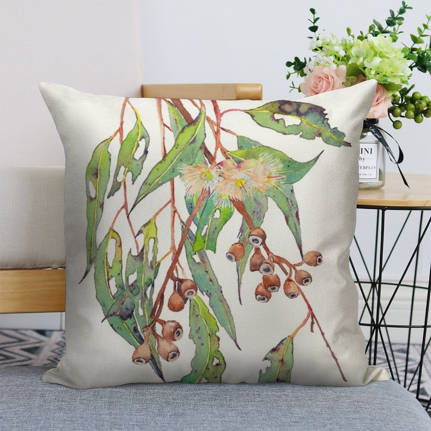 Watercolour Eucalyptus Tree Branch with White Flowers & Gumnuts. Linen Throw Pillow Cover