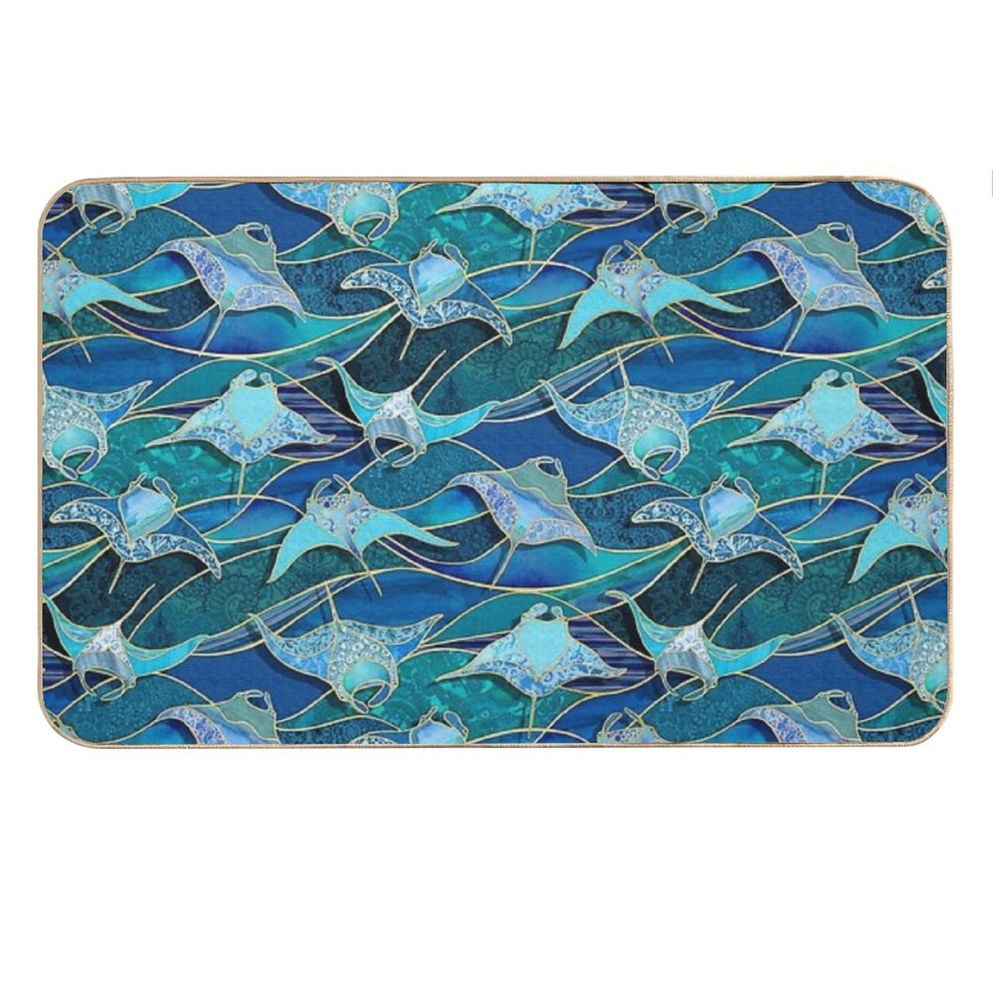 Patchwork Manta Rays in Sapphire And Turquoise Blue Bath Mat
