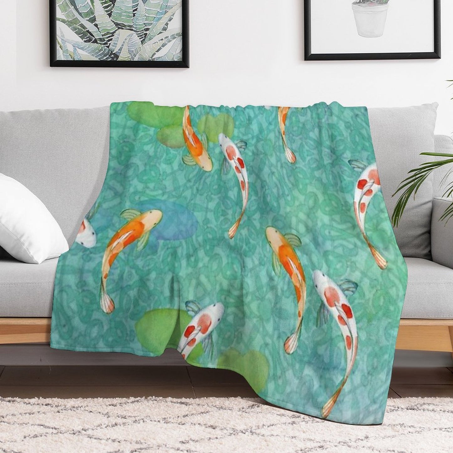 Koi Fish on Turquoise Throw Blanket