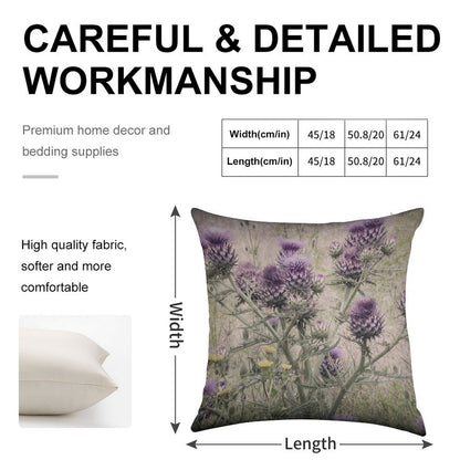 Purple Thistle Flowers with Yellow Daisies. Linen Throw Pillow Cover
