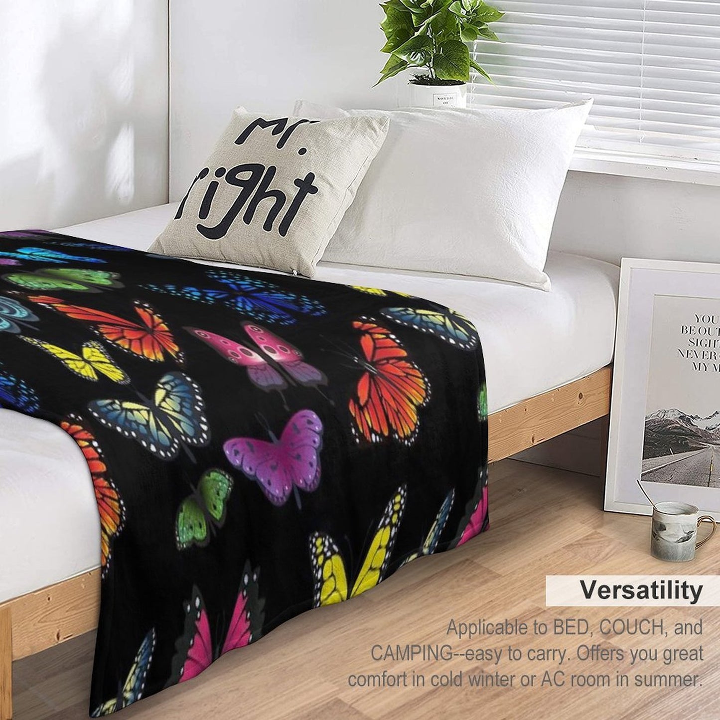 Butterfly Print, Black Throw Blanket
