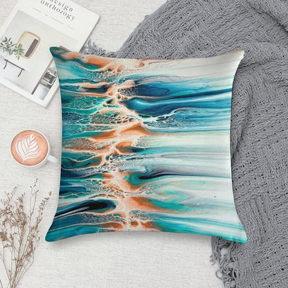 Coral, Blue, Teal, And Grey Ocean Inspired Abstract Fluid Art Soft Ultra-Soft Texture Throw Pillow