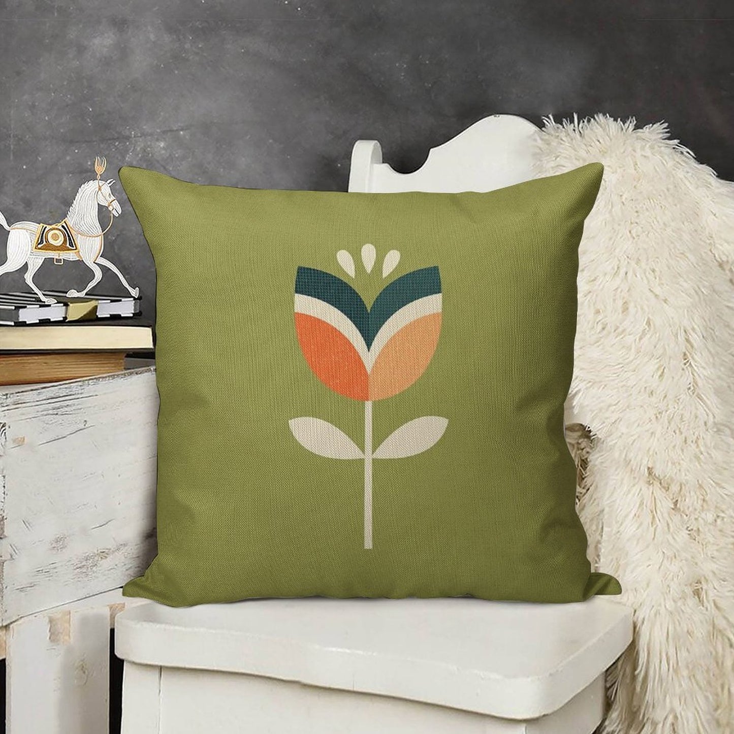 Retro Tulip - Orange And Olive Green Linen Throw Pillow Cover