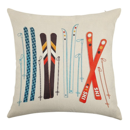 Colorful Retro Ski Illustration Linen Throw Pillow Cover