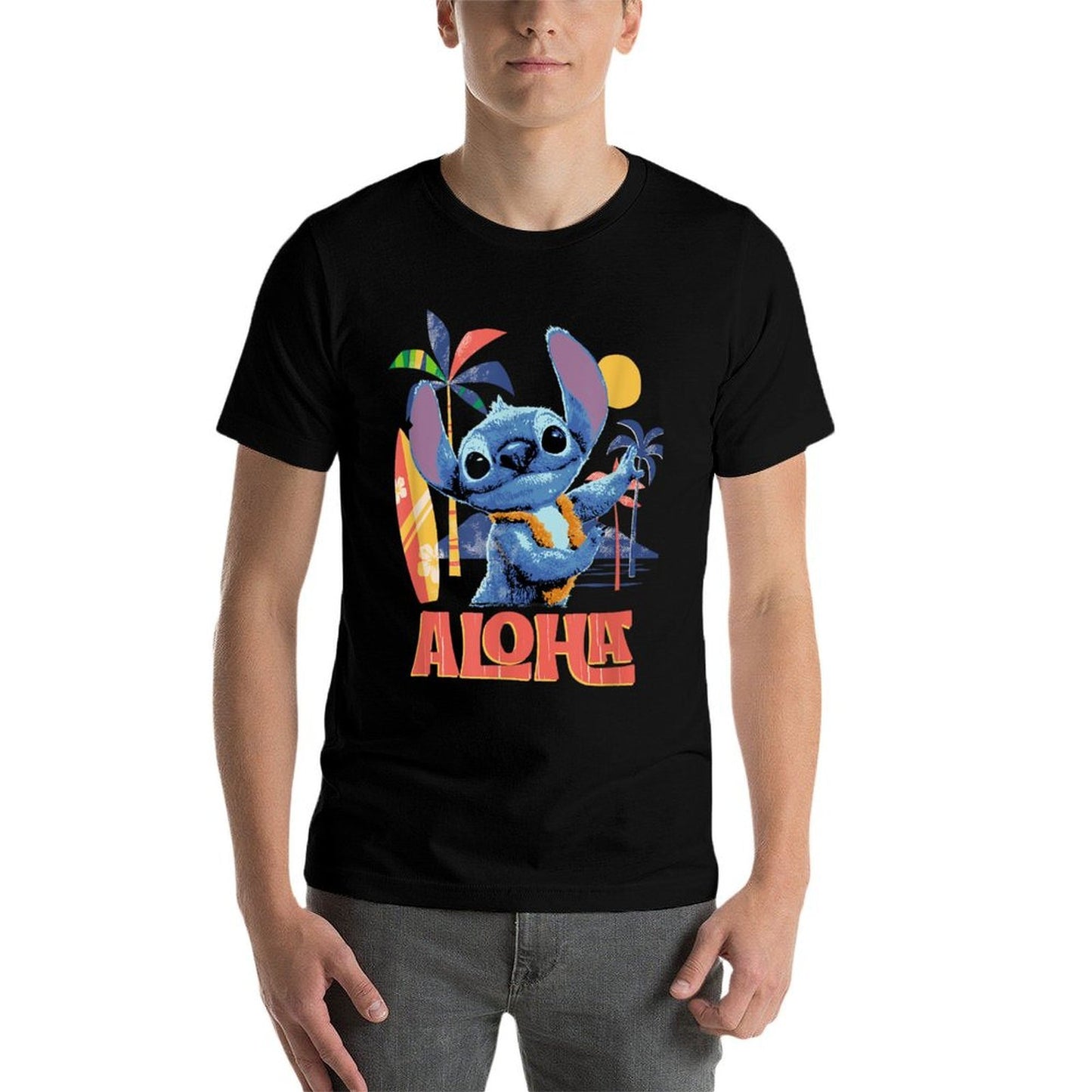 Disney Lilo & Stitch Aloha Hula Dance Distressed  Ribbed Collar T-Shirt