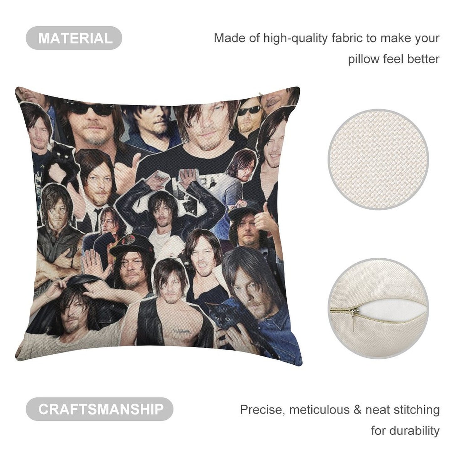 Norman Reedus Collage Linen Throw Pillow Cover