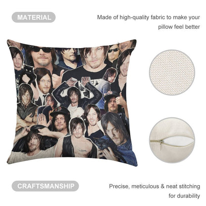 Norman Reedus Collage Linen Throw Pillow Cover