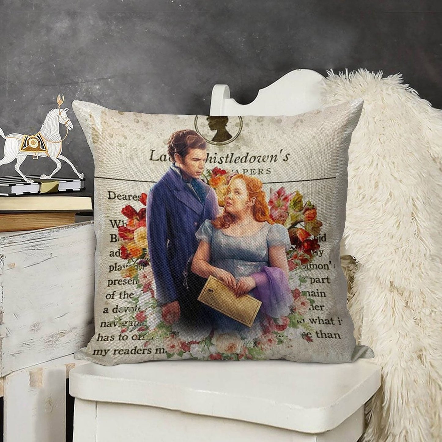 Colin Bridgerton & Penelope Featherington Lady Whistledown Society Papers Netflix Linen Throw Pillow Cover